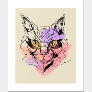 Magic Cat in black sketch graphics and watercolor Posters and Art